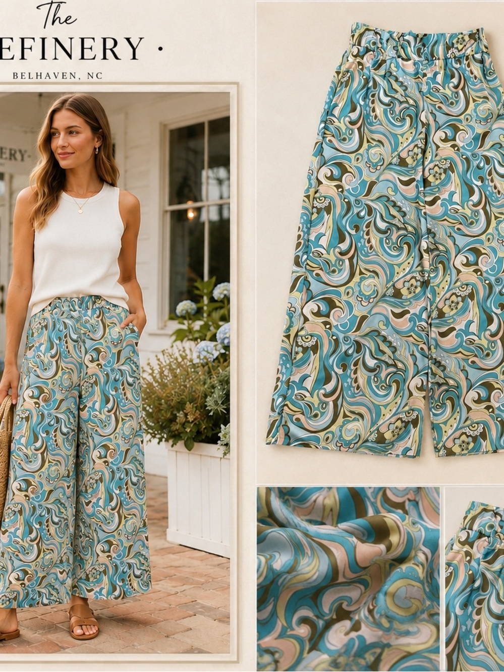 TIMING - Turquoise, Ivory & Olive Swirl lightweight pants NWT